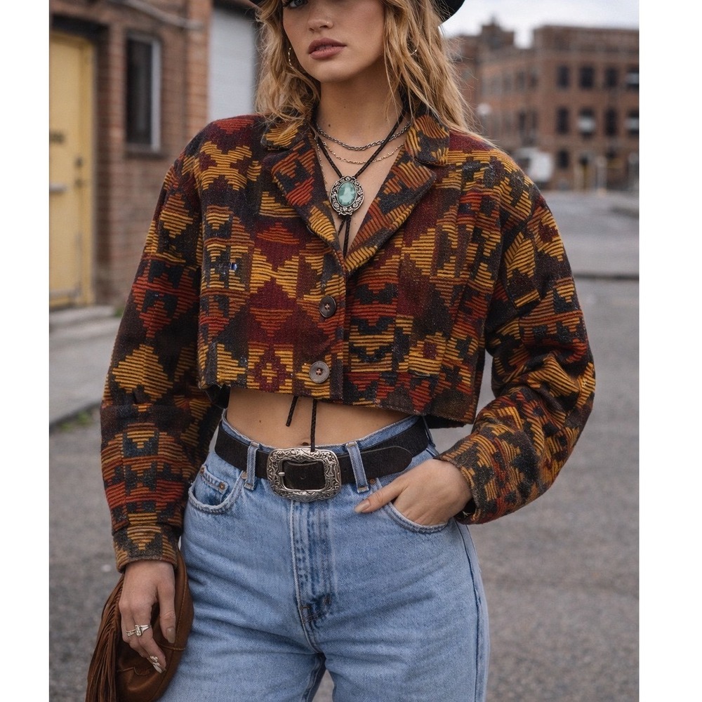 Vintage Women's Western Aztec Woven Cropped Blanket Jacket- Size M